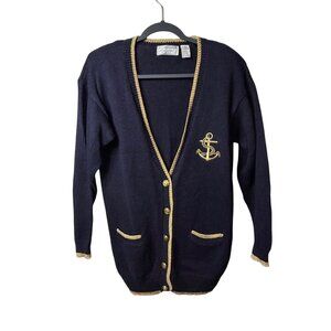 VTG Maggie Lawrence Women's Small Navy Anchor Embroidered Cardigan Sweater Knit